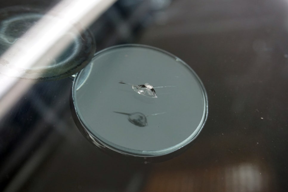 기아 모하비 전면 유리 고속도로 비산석 충돌로 발생한 칩 및 성형 크랙 손상